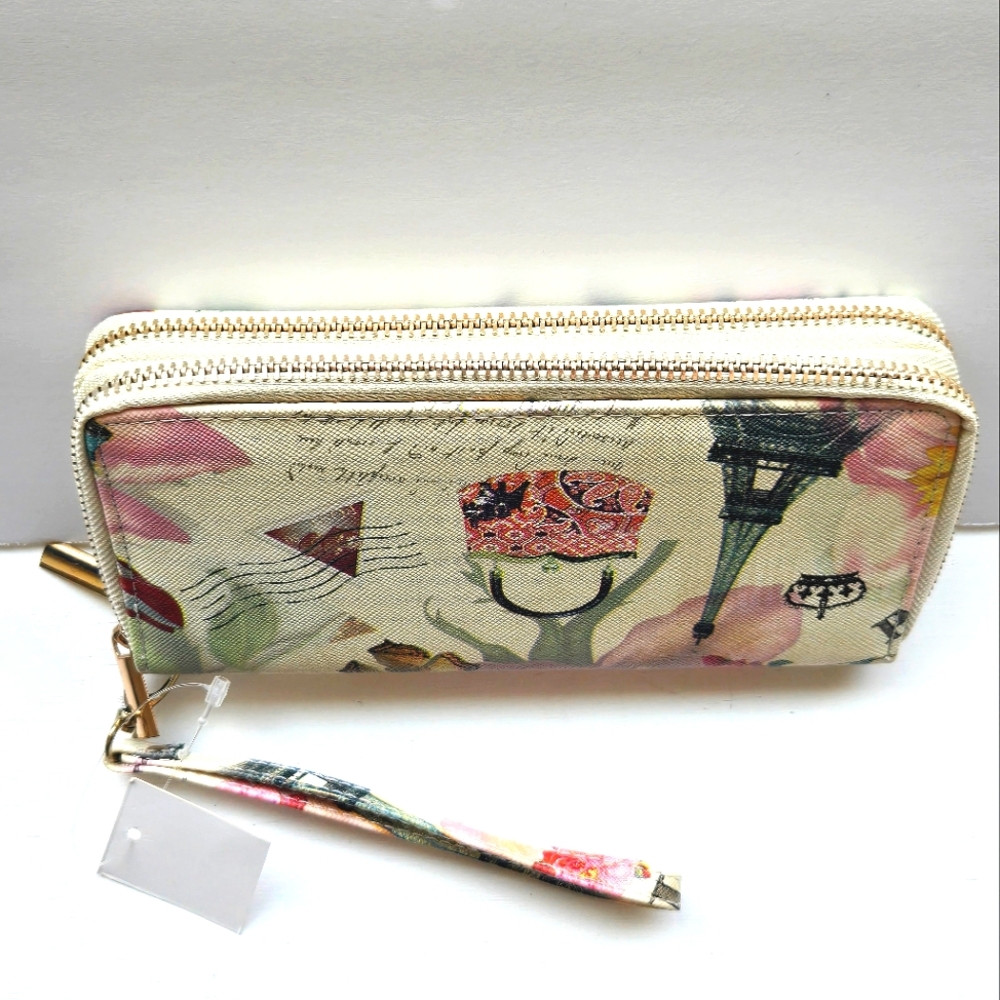 3/10$ NWT Paris Theme Multicolor Wristlet Fashion Wallet Dbl Goldtone Ziparound - Picture 3 of 6